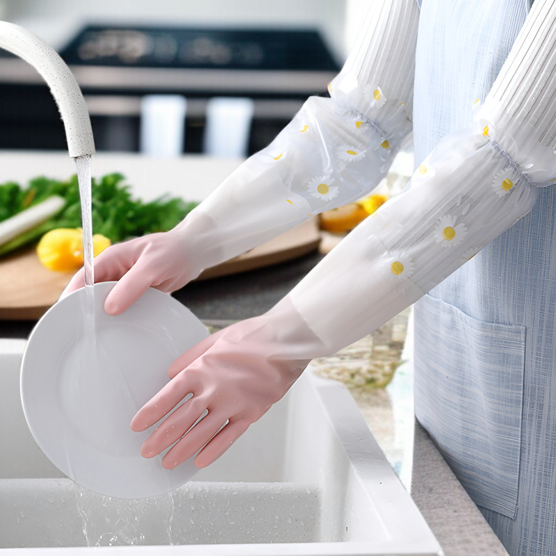 ゴム手袋 キッチン 食器洗い 手袋 ロング ラバーグローブ 皿洗い 厚手 女性用 長い 皿洗い用ゴム手袋 食器洗い手袋 炊事用ゴム手袋 キッチン用ゴム手袋 裏地付き 手荒れ防止 丈夫 フリーサイズ