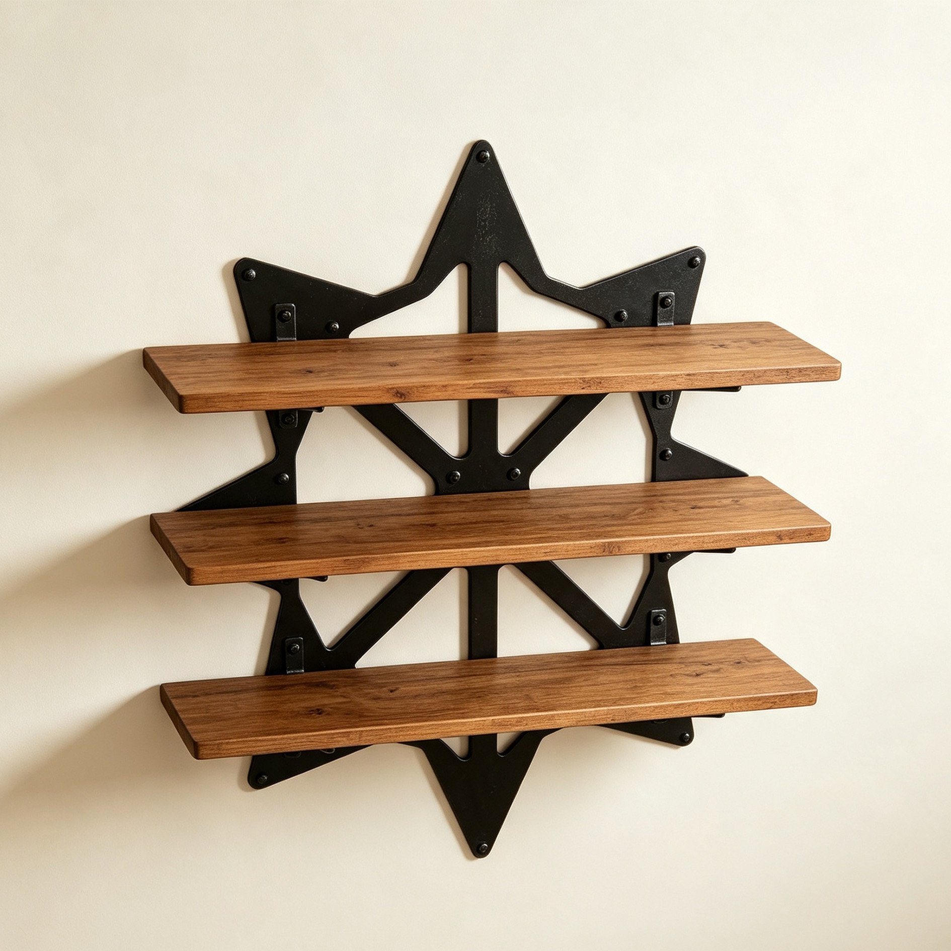 Wrought iron wall-mounted shelf with plants and books