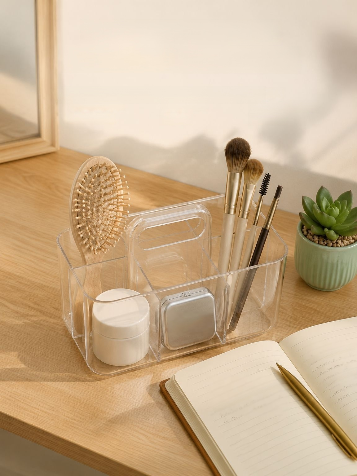 Desktop storage basket with convenient handle for skincare and beauty products