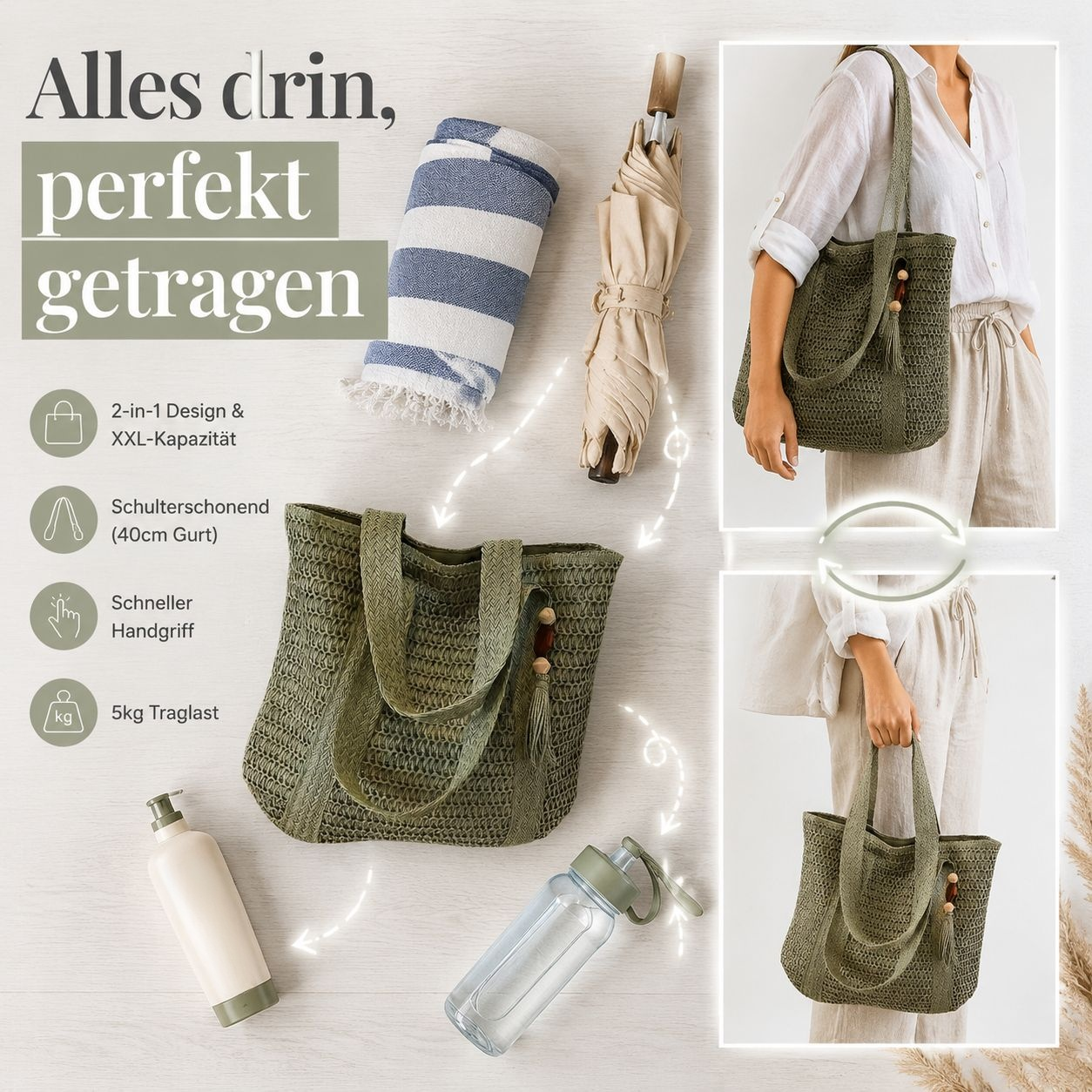Strohhängetasche für Damen – Sommer-Strandtasche, modisch und geräumig