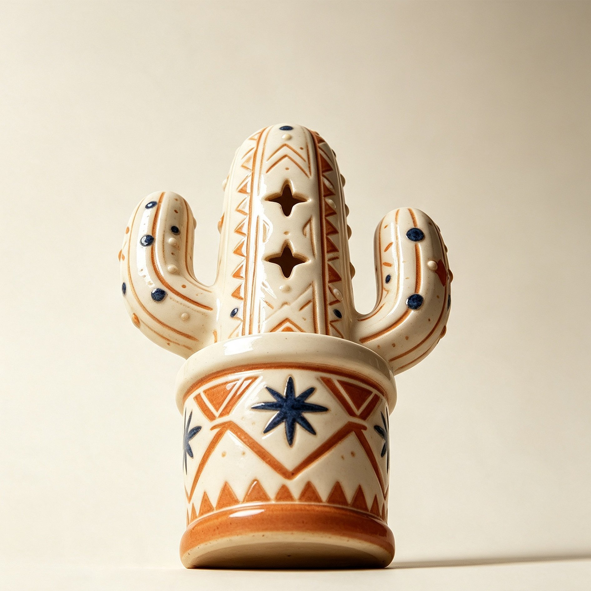 Bohemian cactus ceramic figurine with ethnic patterns