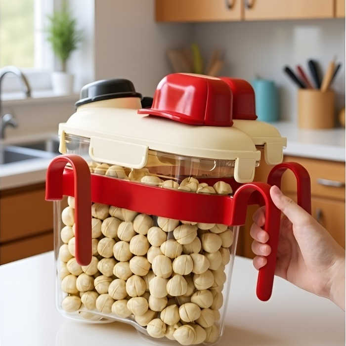 Transparent kitchen jar storing various grains
