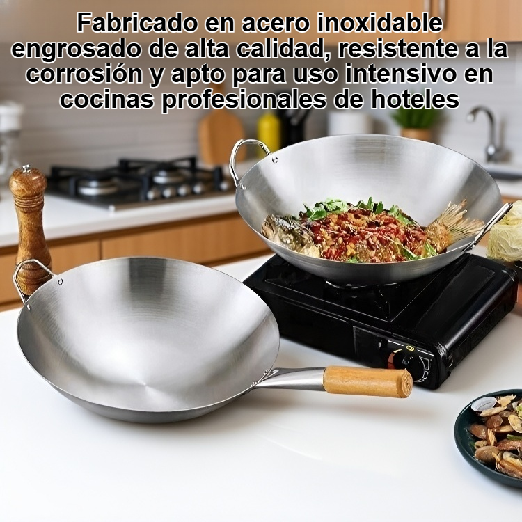 Wok de acero inoxidable engrosado para cocinas de hotel