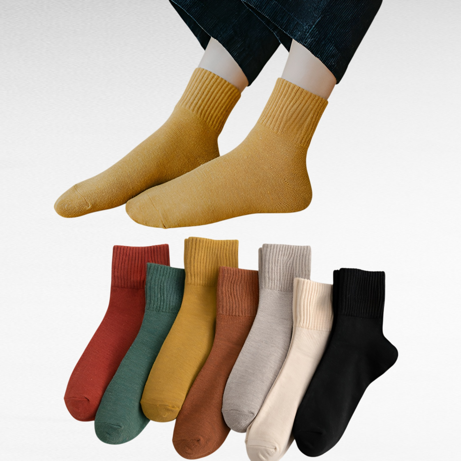 秋用レディースミドル丈ソックス・純色・スマイル刺繍・吸汗防臭