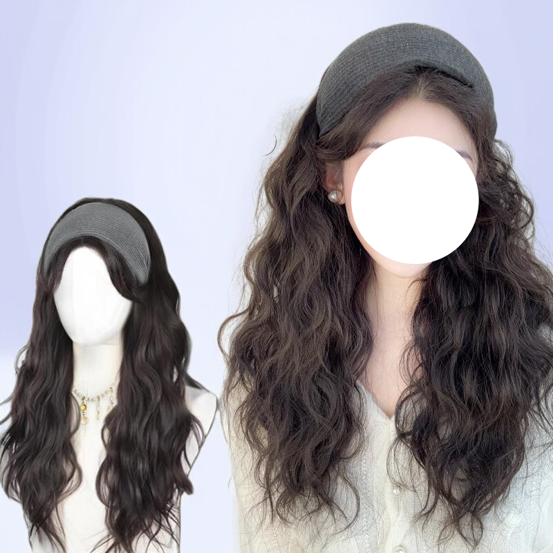 여성용 머리띠 일체형 롱 웨이브 반가발 진짜 머리카락