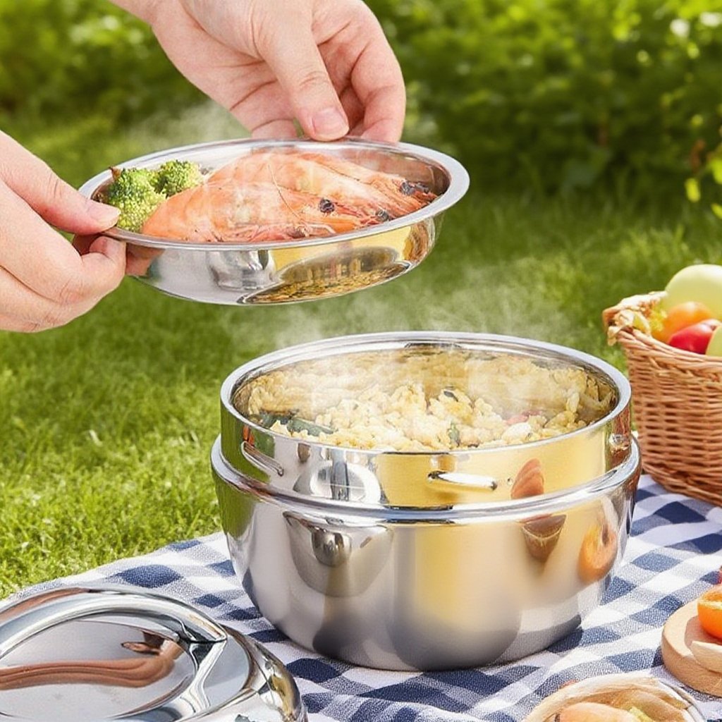 Portable stainless steel lunch box with ergonomic handle