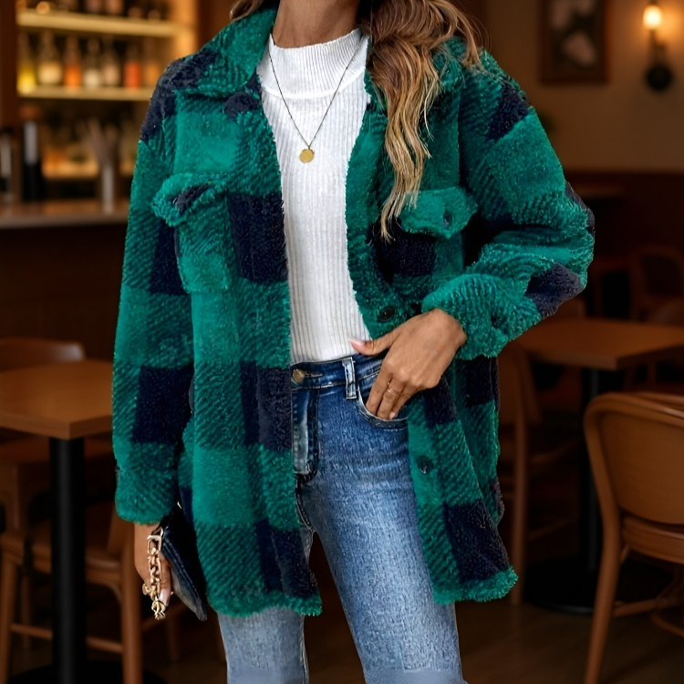 여성 가을 겨울 퍼 코트 버튼 포켓 스웨이드 코트 점퍼 체크 퍼 코트