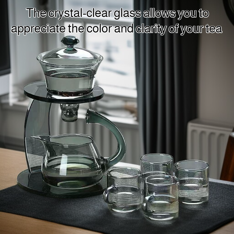 Simple heat-resistant glass tea set displayed on a wooden table
