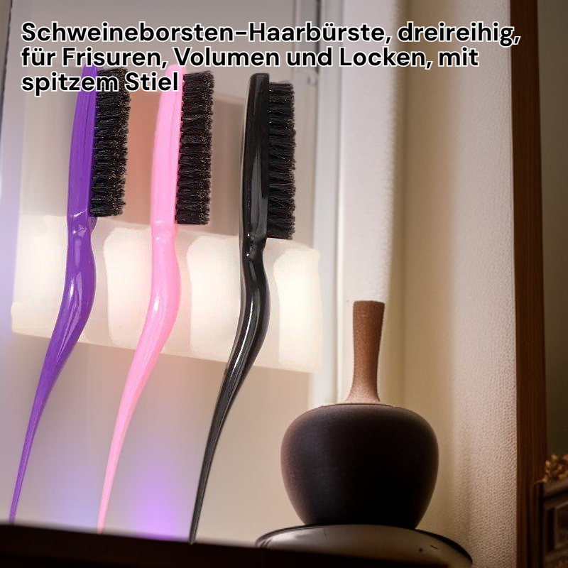 Schweineborsten-Haarbürste, dreireihig, für Frisuren, Volumen und Locken, mit spitzem Stiel