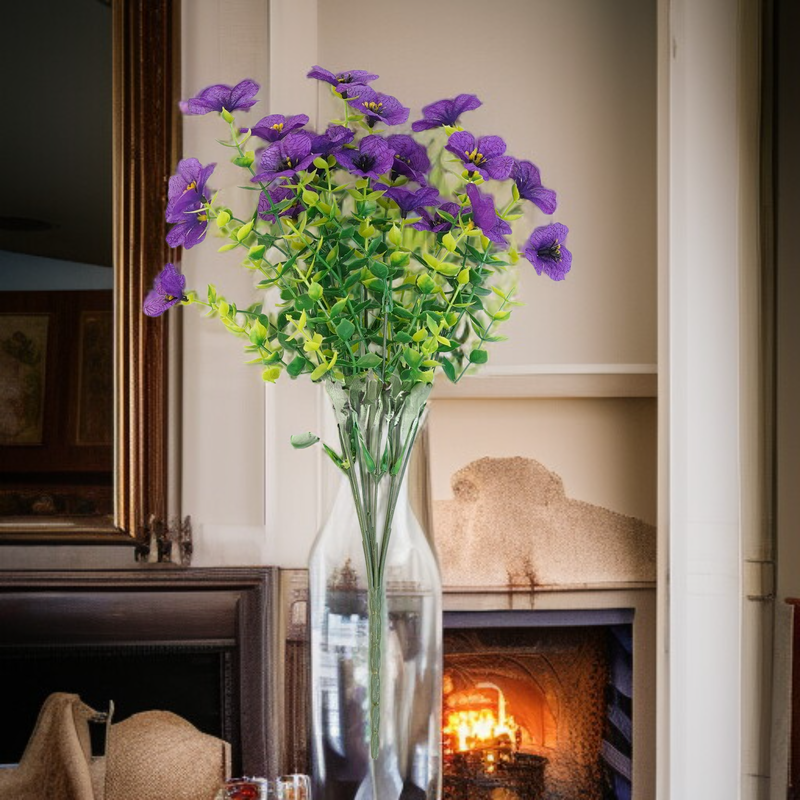 家居园艺装饰用7枝仿真尤加利紫罗兰花