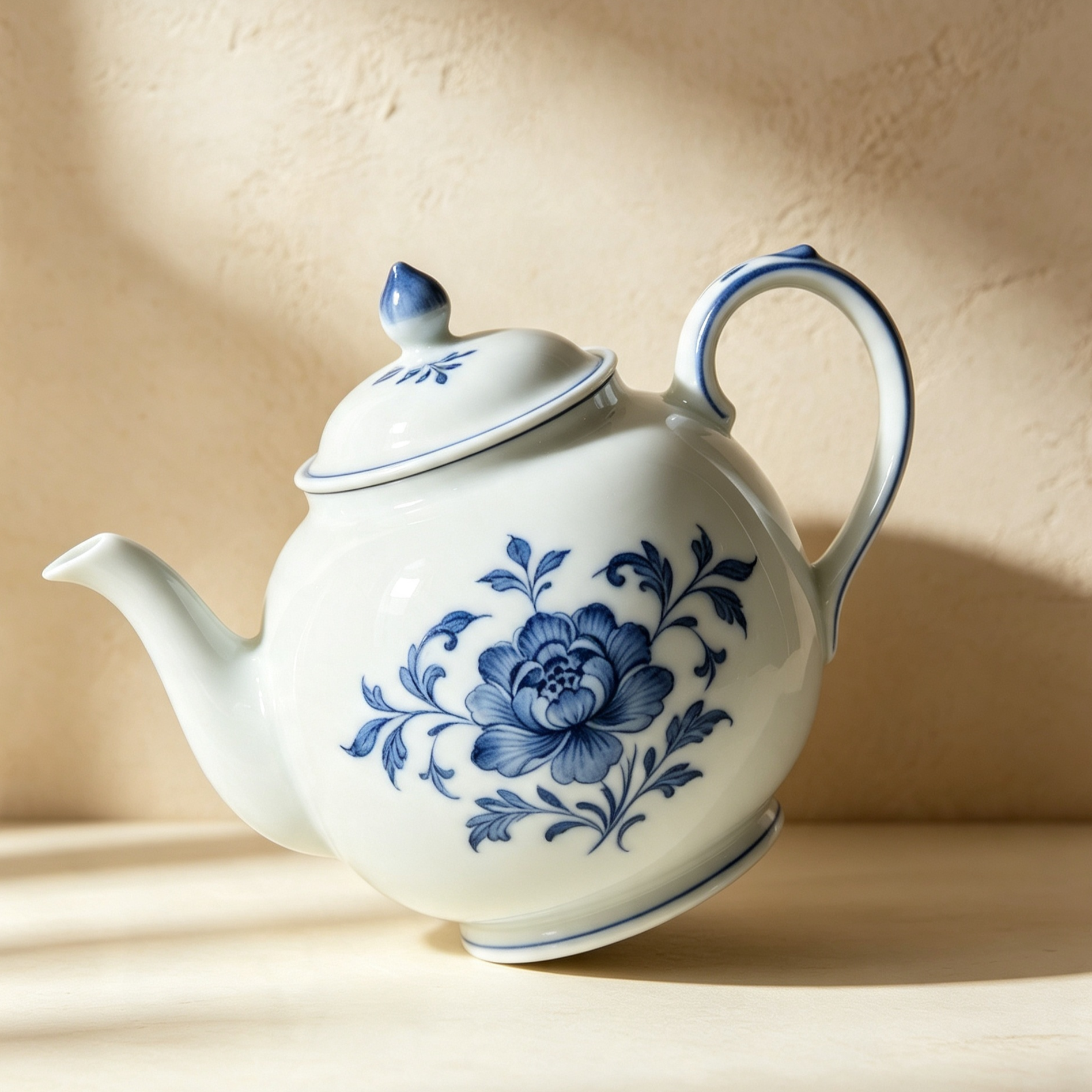 Blue and white peony porcelain teapot on wooden table