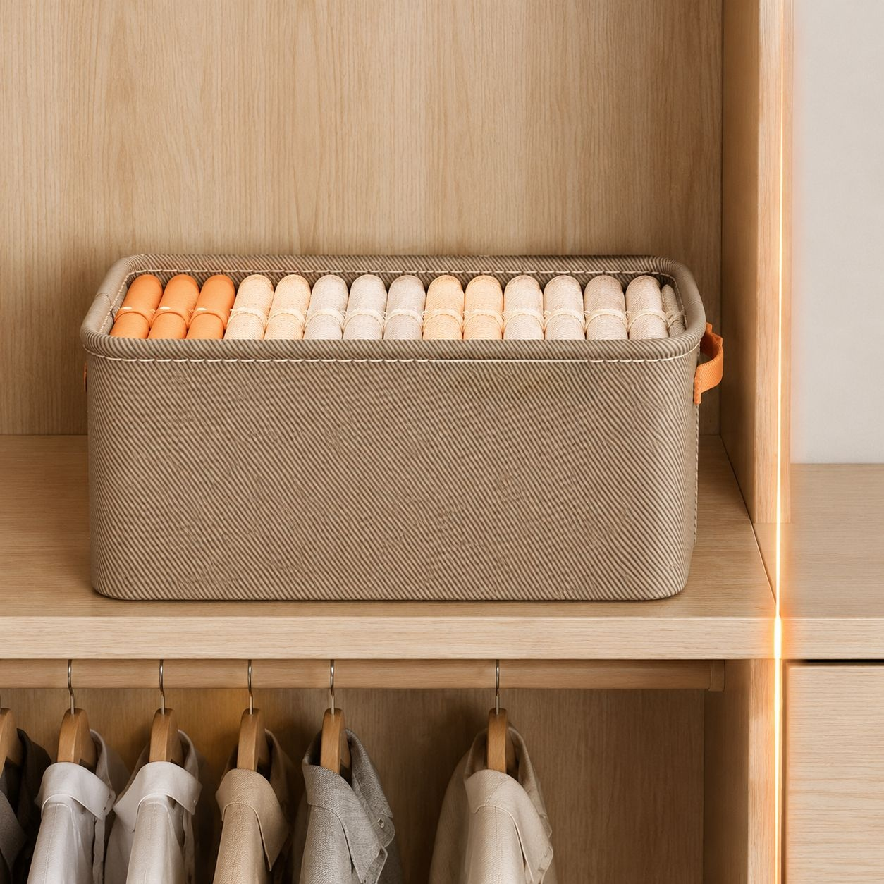 Spacious storage bins for trousers and garments