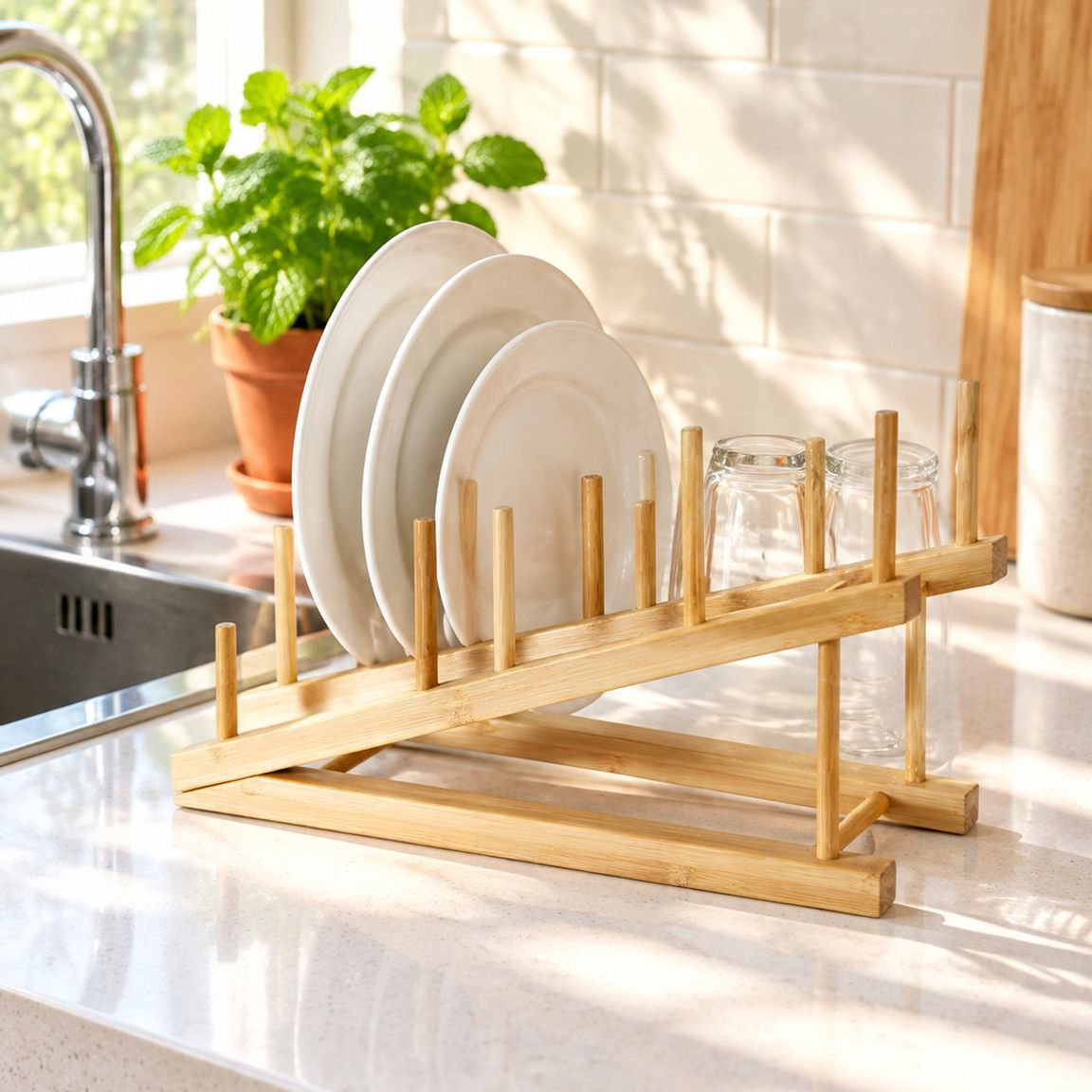 Escurridor y Organizador de Platos de Bambú para Cocina