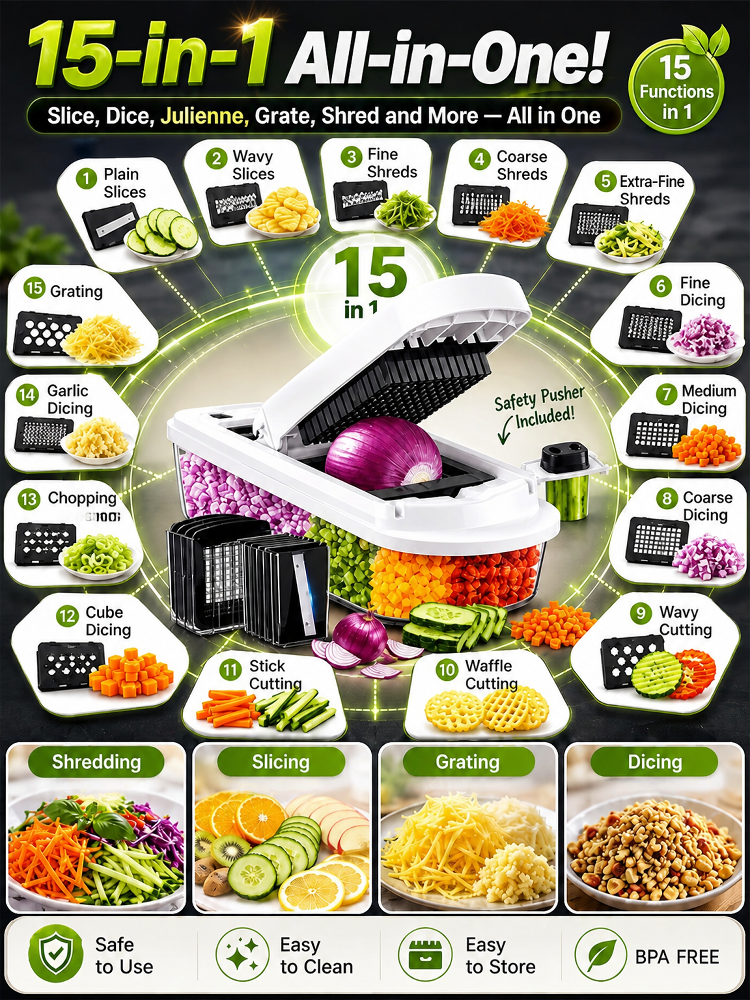 【420J2 Sharp Blade】15-in-1 Multifunctional Vegetable Cutter