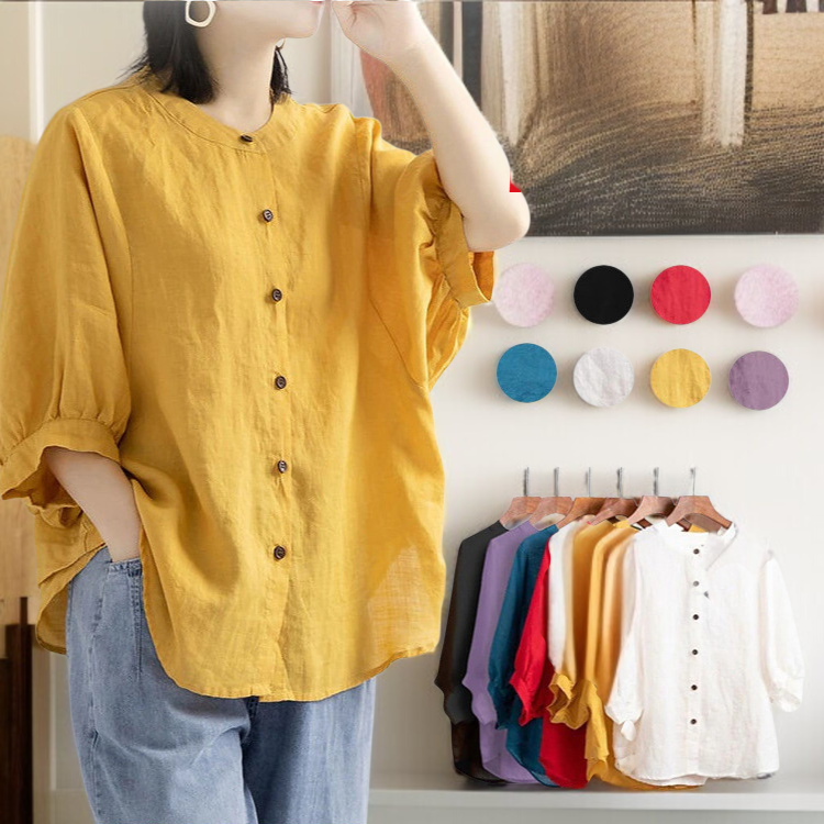 여성 빈티지 문예 벌룬 소매 셔츠 빅사이즈 루즈핏 반팔 셔츠 상의 여성 루즈핏 셔츠