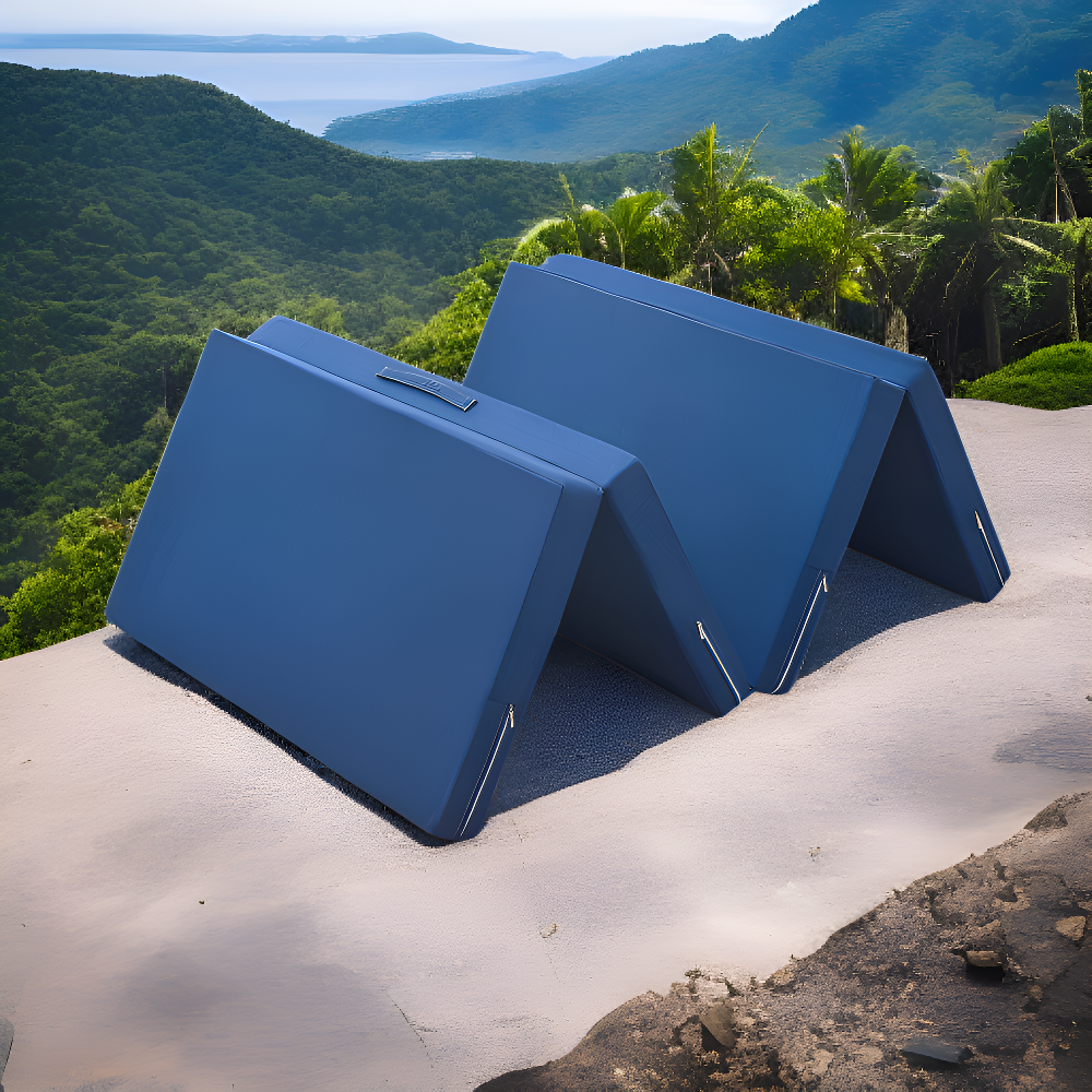 Portable folding mattress for lunch break, perfect for outdoor use.