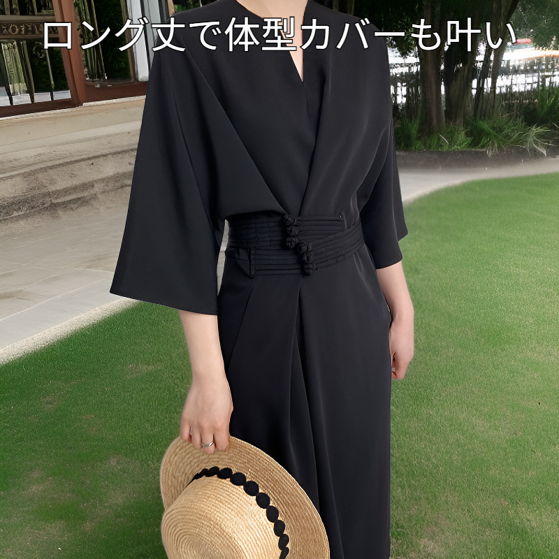 シンプルストレートウエストストリングロングワンピース