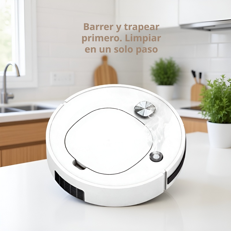 Vista superior del robot de limpieza recargándose automáticamente