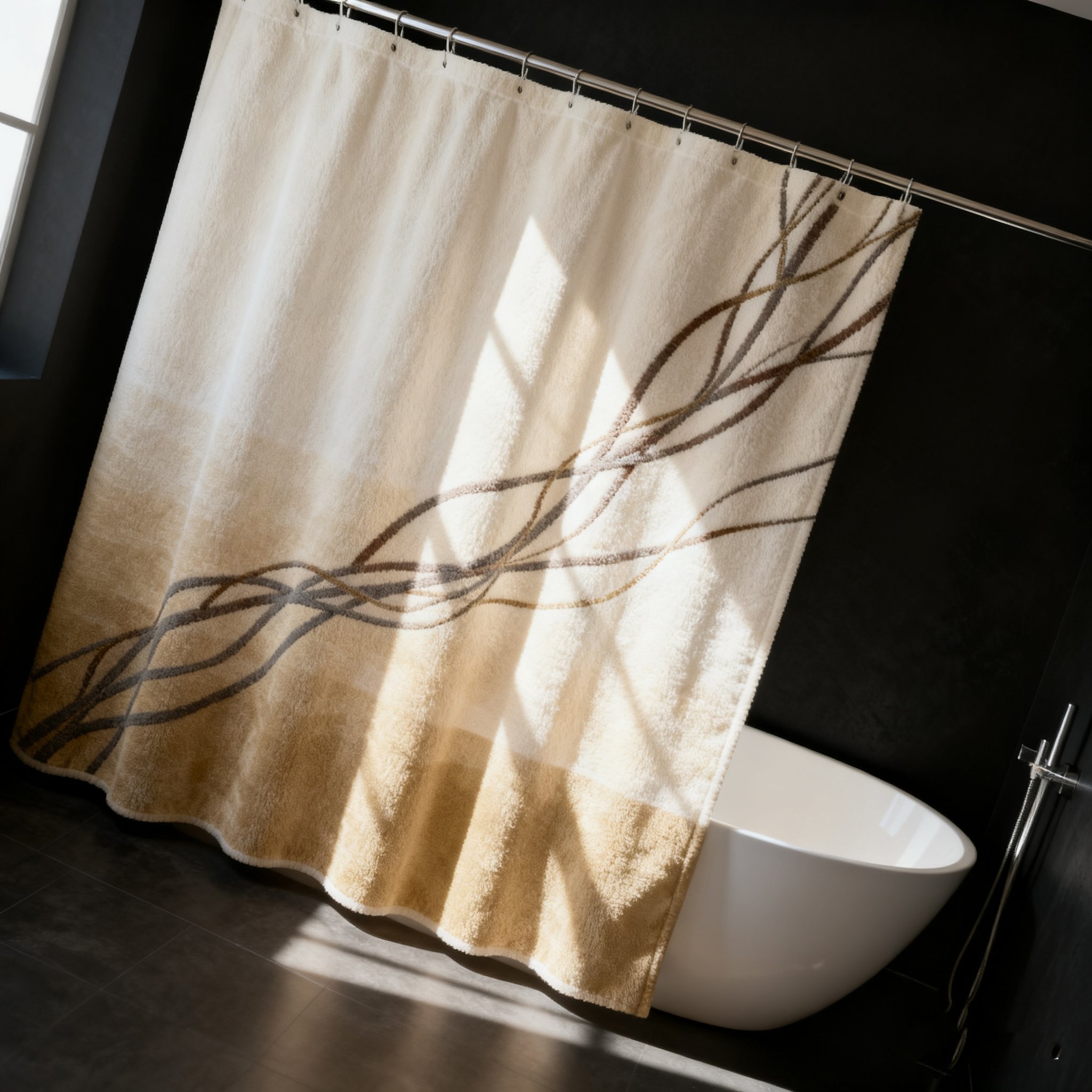 おしゃれなレトロ柄のバスルームカーテン装着例