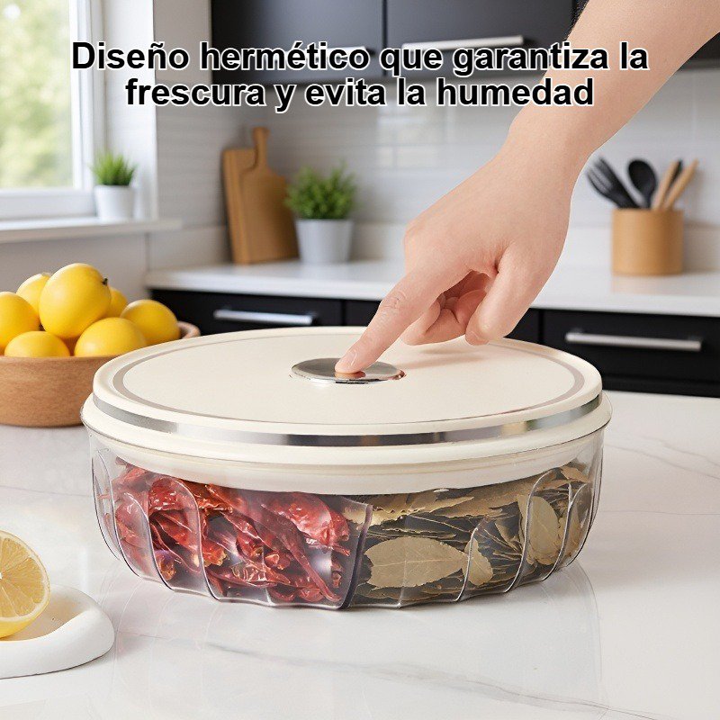 Recipiente hermético transparente para almacenar condimentos en la cocina del hogar.