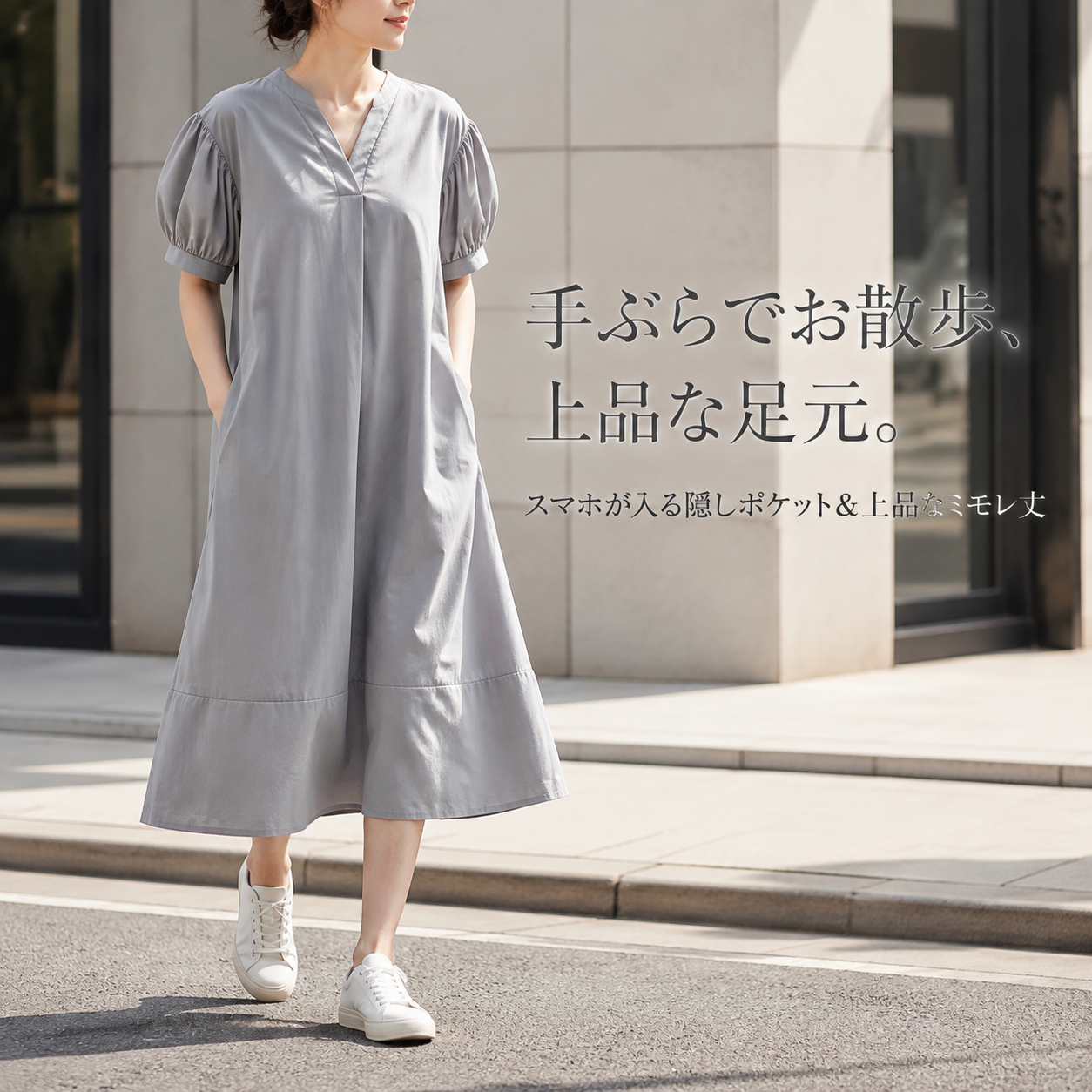 半袖カジュアルミディ丈無地ワンピースレディース夏新作