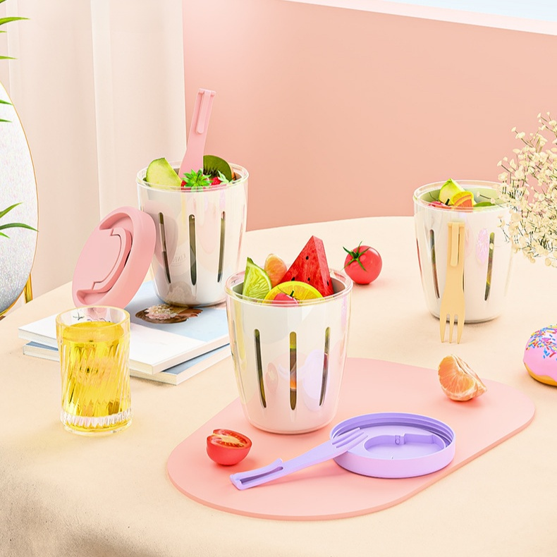 風水果杯早餐沙拉杯外帶野餐帶叉子雙層瀝水杯多用途便攜盒子