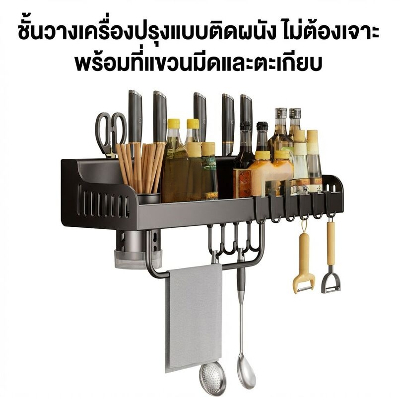 ชั้นวางเครื่องปรุงติดผนังพร้อมแท่งแขวนผ้าและตะขออุปกรณ์ครัว ชั้นจัดเก็บในห้องครัว