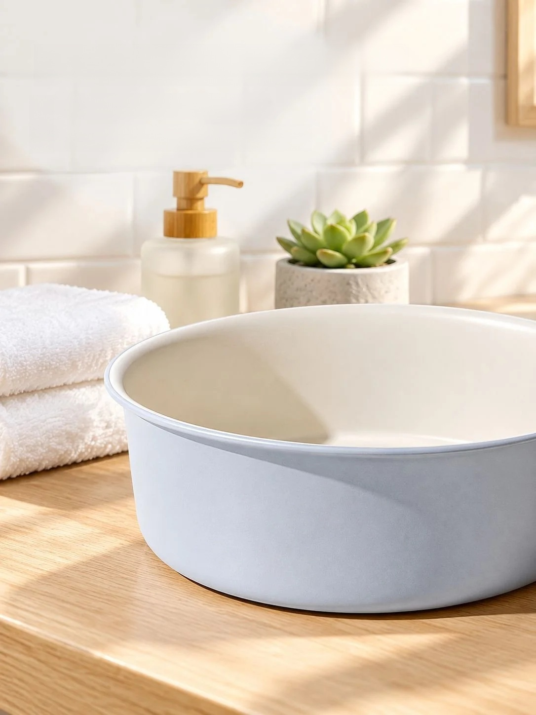 Side perspective of thickened wash basin with wide capacity