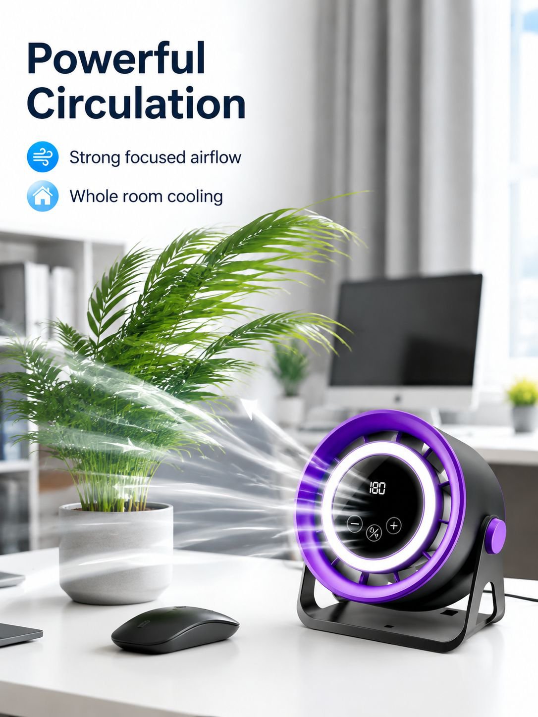 Desktop Fan with Light, Digital Display, Powerful Quiet Circulator