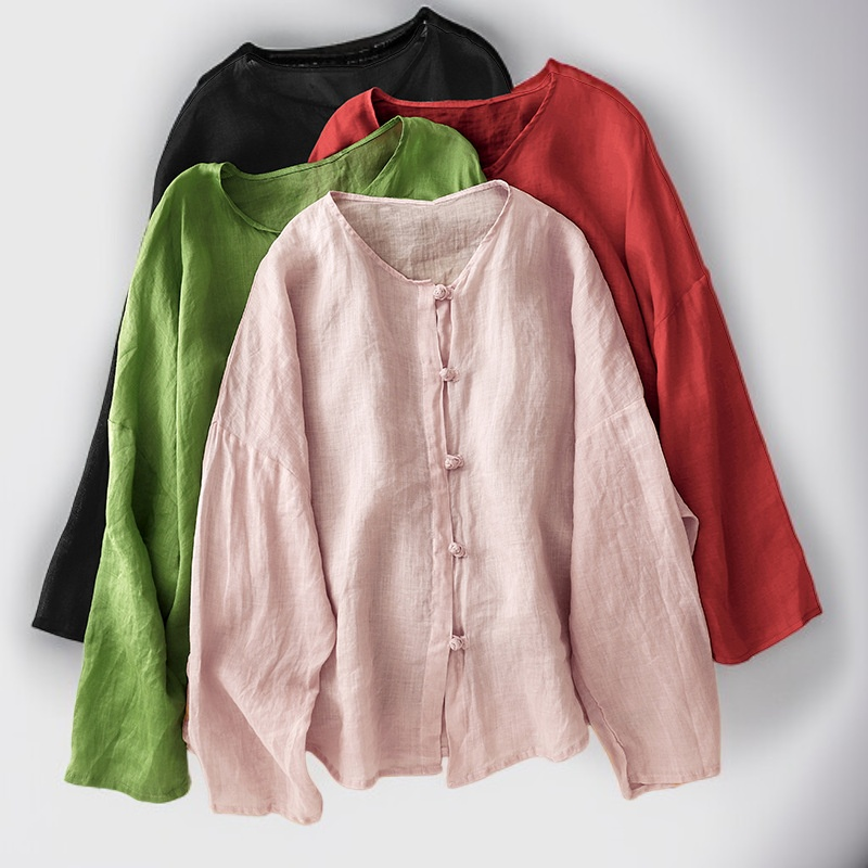 레트로 코튼 리넨 중국식 단추 셔츠