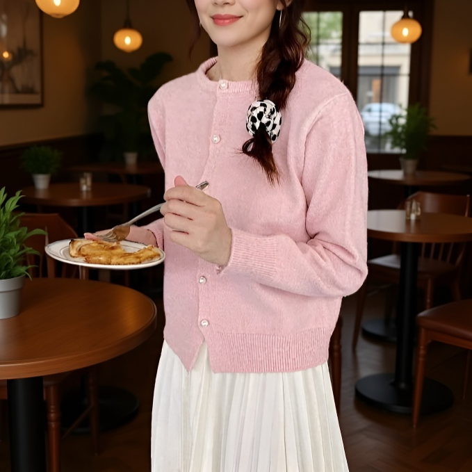 여성 니트 가디건 긴팔 솔리드 상의 진주 버클 여성 봄가을 라운드 니트 가디건 부드러운 니트 코트