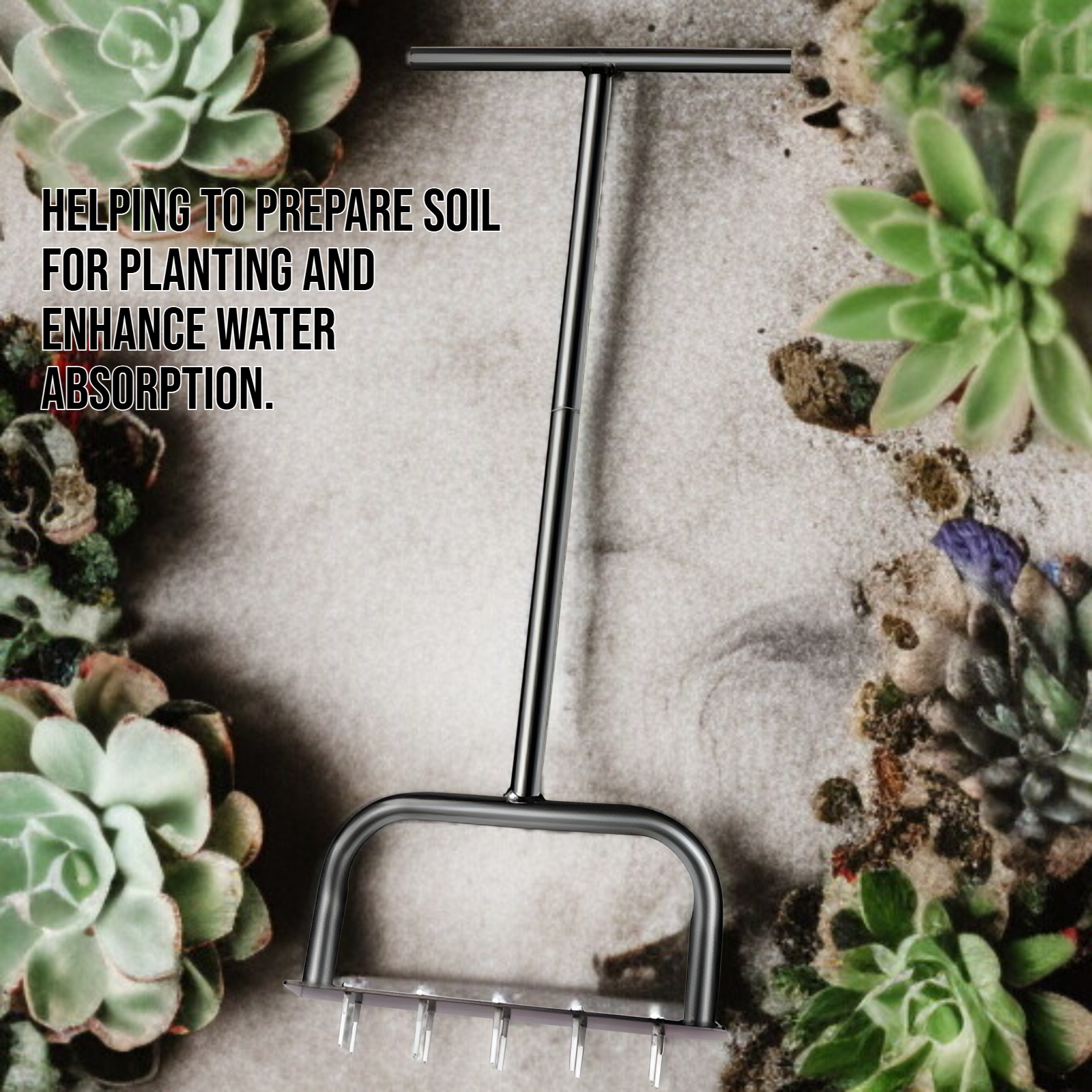 Close-up of soil aerator tines penetrating ground