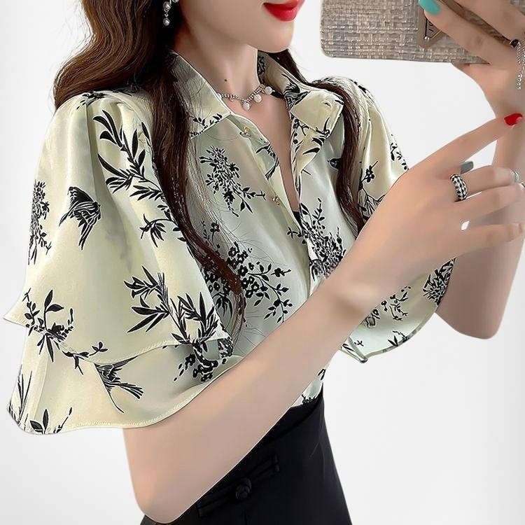 เสื้อผู้หญิงแขนสั้นลายดอกไม้ สไตล์หวาน สีฟ้า ดีไซน์ระบาย เหมาะสำหรับหน้าร้อน