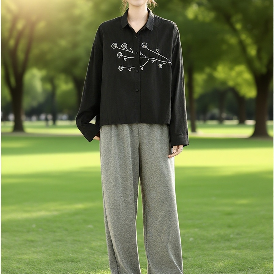 남성 모델이 착용한 라지 자수 긴팔 셔츠