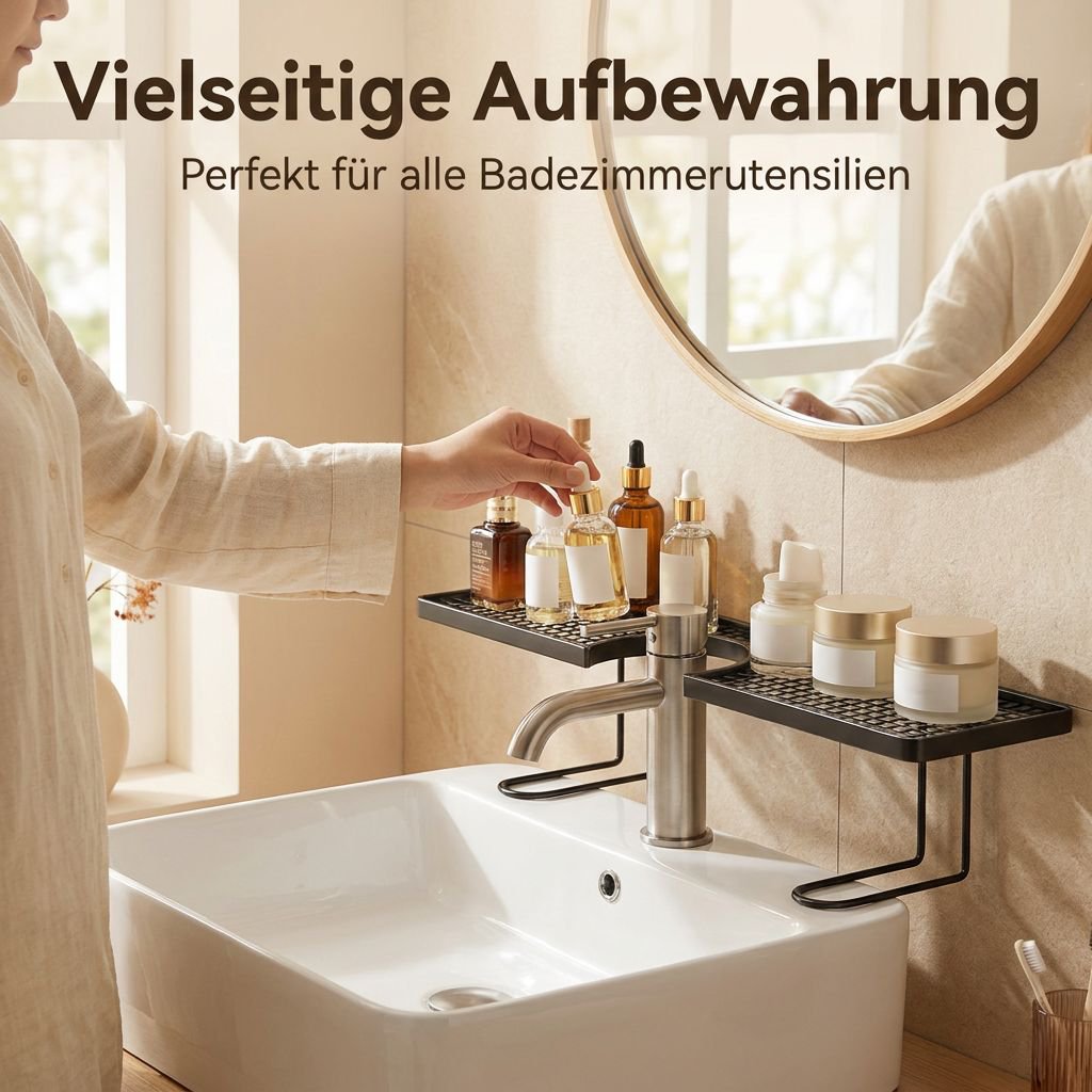Abtropfgestell für Waschbeckenarmatur und Toilettenartikel