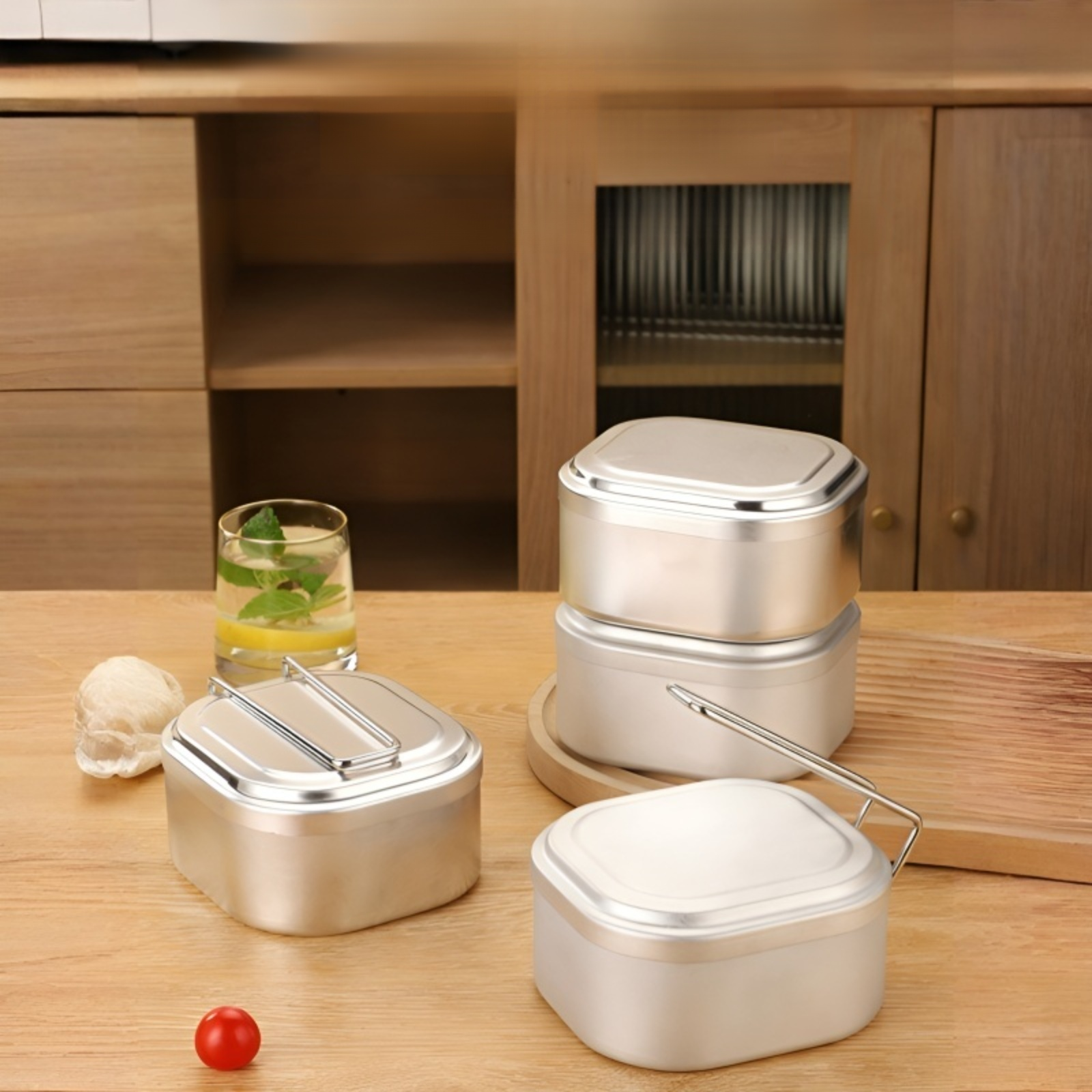 휴대용 올알루미늄 사각 도시락통, 손잡이 포함, 야외 피크닉 및 식품 보관에 적합