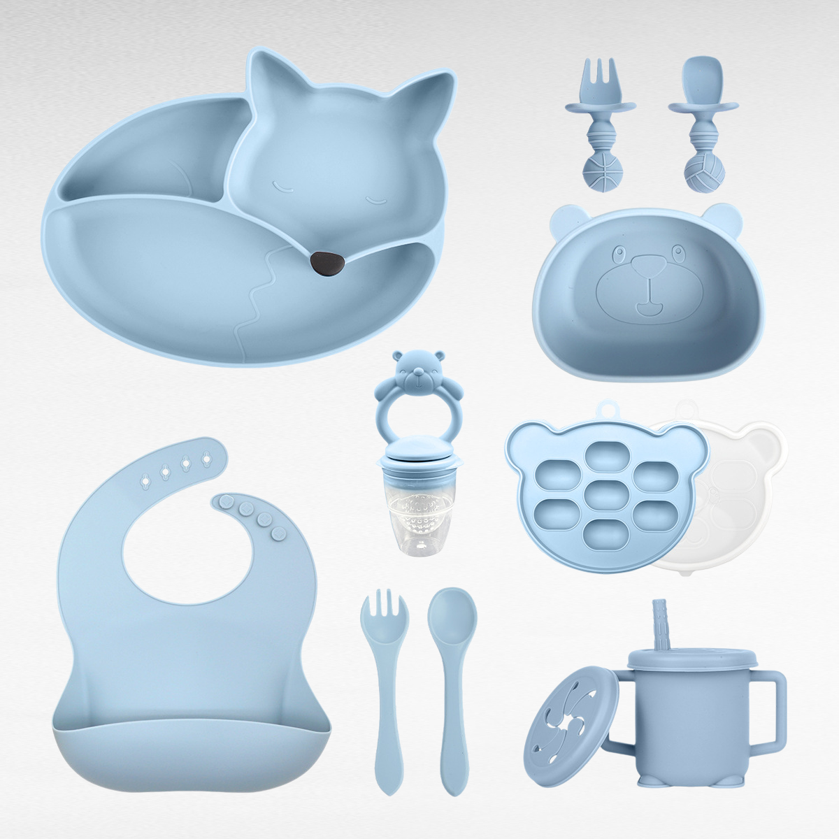  Infant Silicone Suction Bowl and Plate Set, Fox Design Feeding Tableware