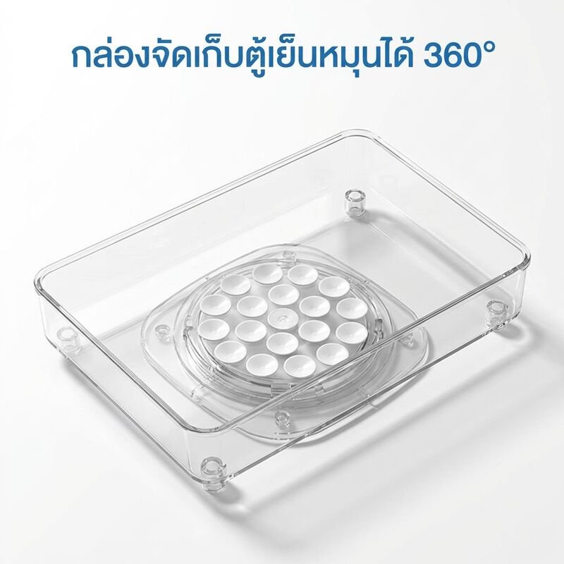 กล่องจัดเก็บหมุนได้ในตู้เย็นครัว แบบใส พร้อมที่ดูดติด