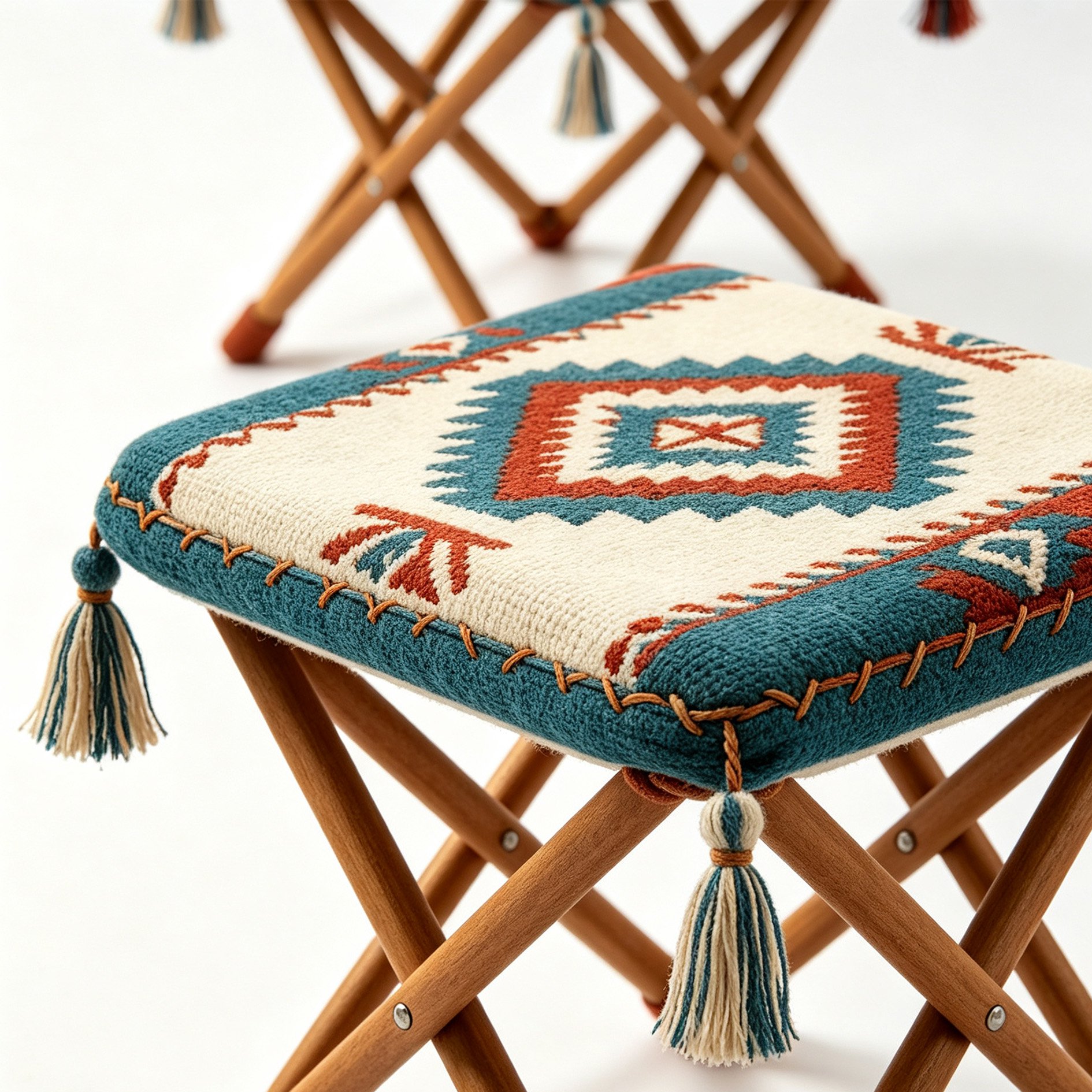Folding Stool with Lush Pattern and Tassels