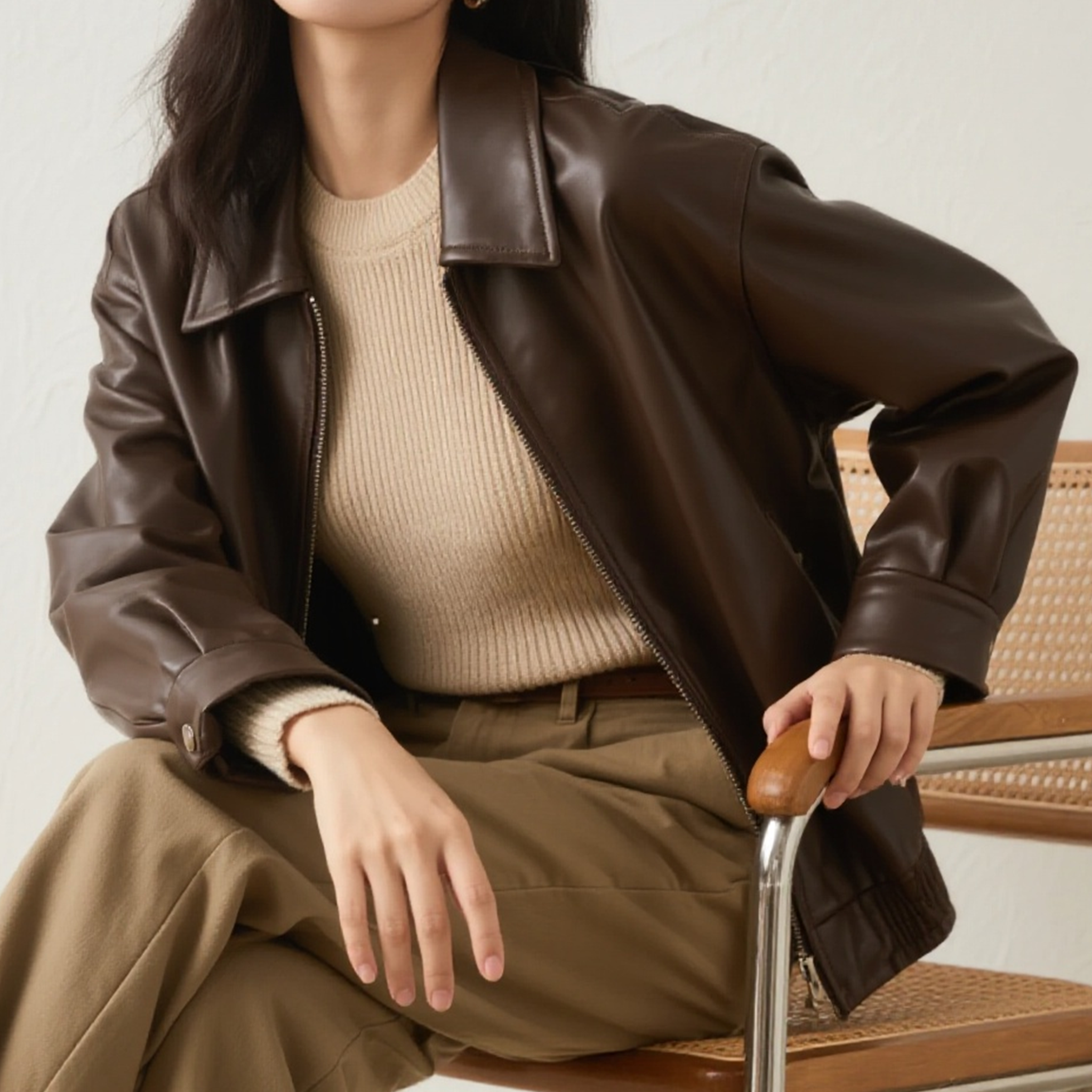 여성 스타일리시 브라운 레더 재킷