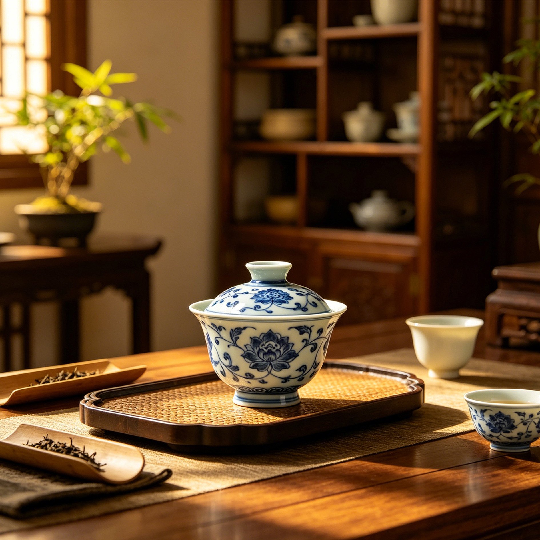 Service à thé en porcelaine bleue et blanche