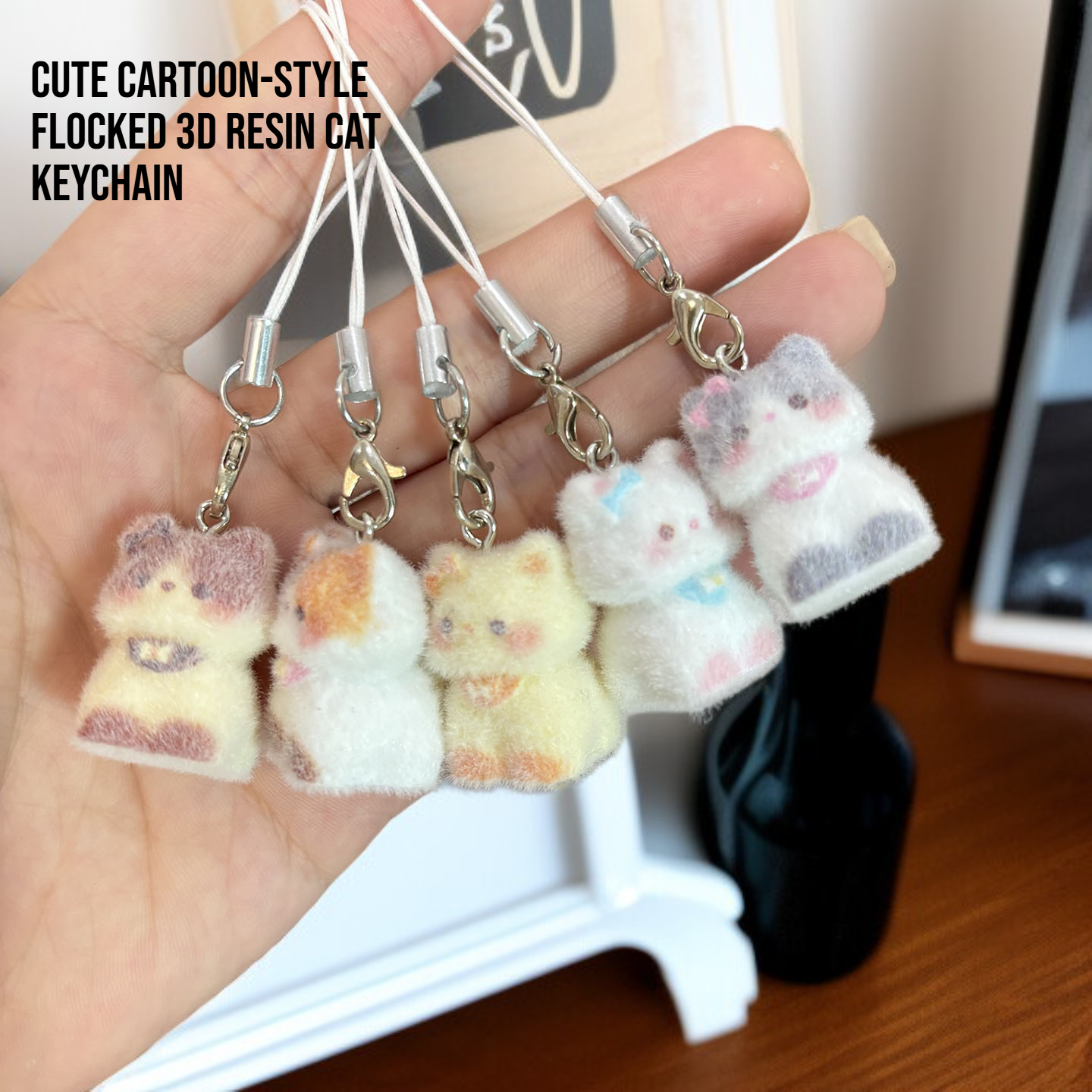  Cartoon Cute Flocking 3D Resin Cat Keychain