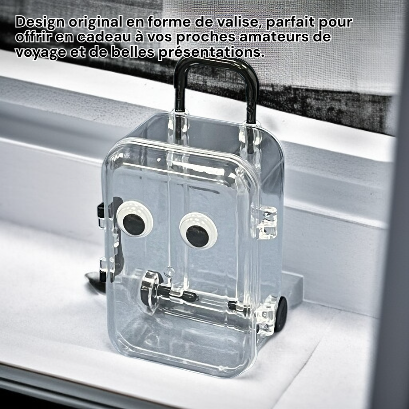 Boîte à bijoux petite valise à roulettes, boîte de rangement transparente mobile