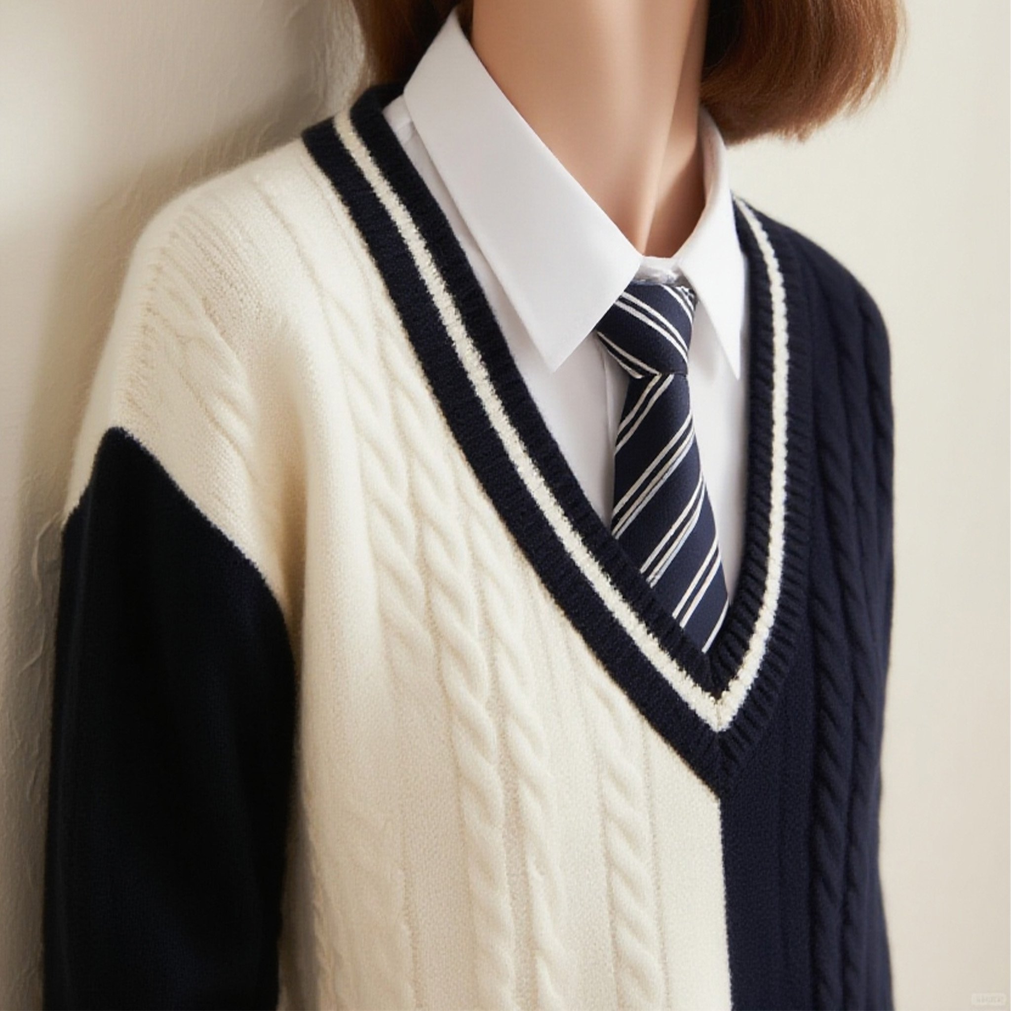 여성 모델이 착용한 컬러블록 브이넥 니트