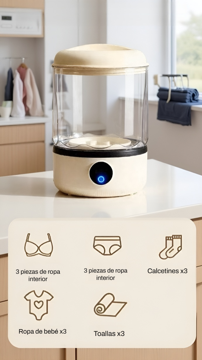 Detalle del diseño compacto de la mini lavadora