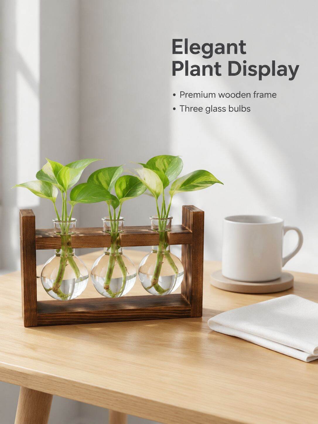 Home Glass Bottle Wooden Frame Hydroponic Plant Vase for Living Room Decor