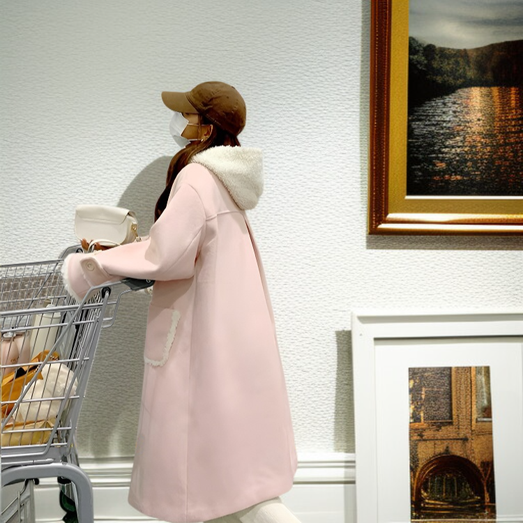 여성 모직 코트 겨울 스웨이드 핑크 롱코트
