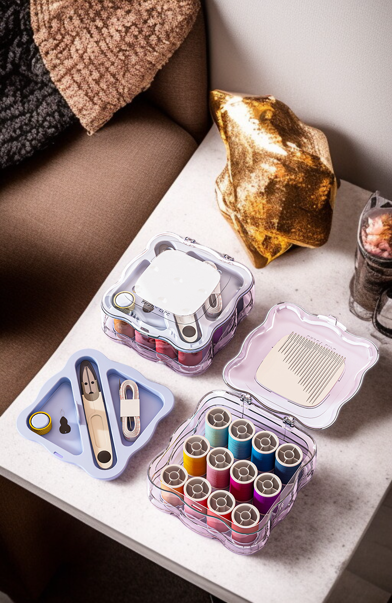 Sewing supplies neatly arranged in double-layer organizer