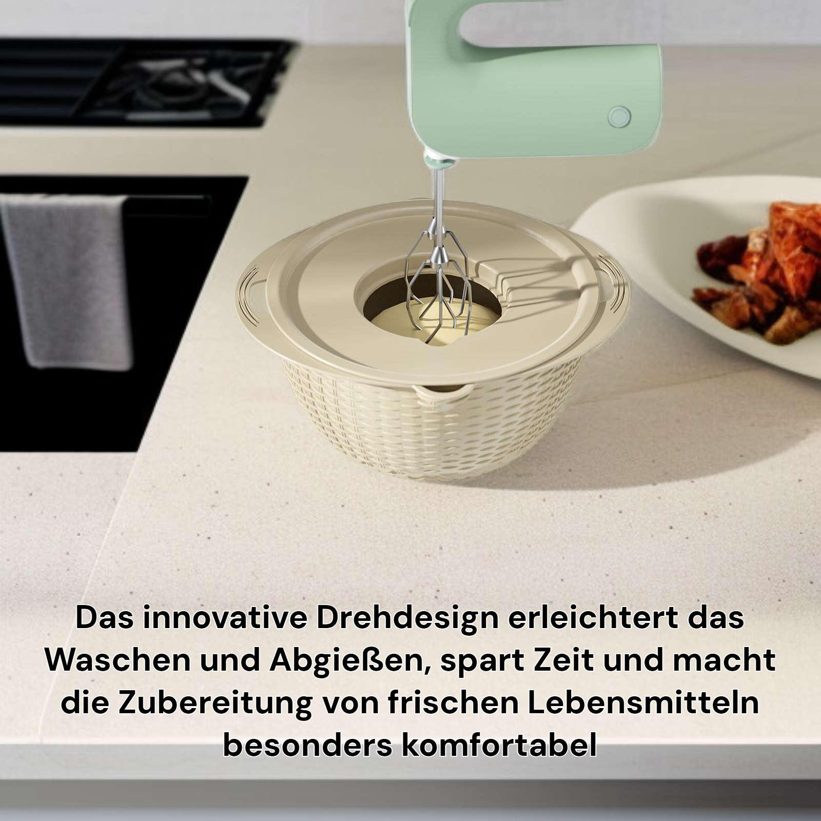 Drehbarer Doppelschicht-Gemüsewaschkorb aus Edelstahl in moderner Küche