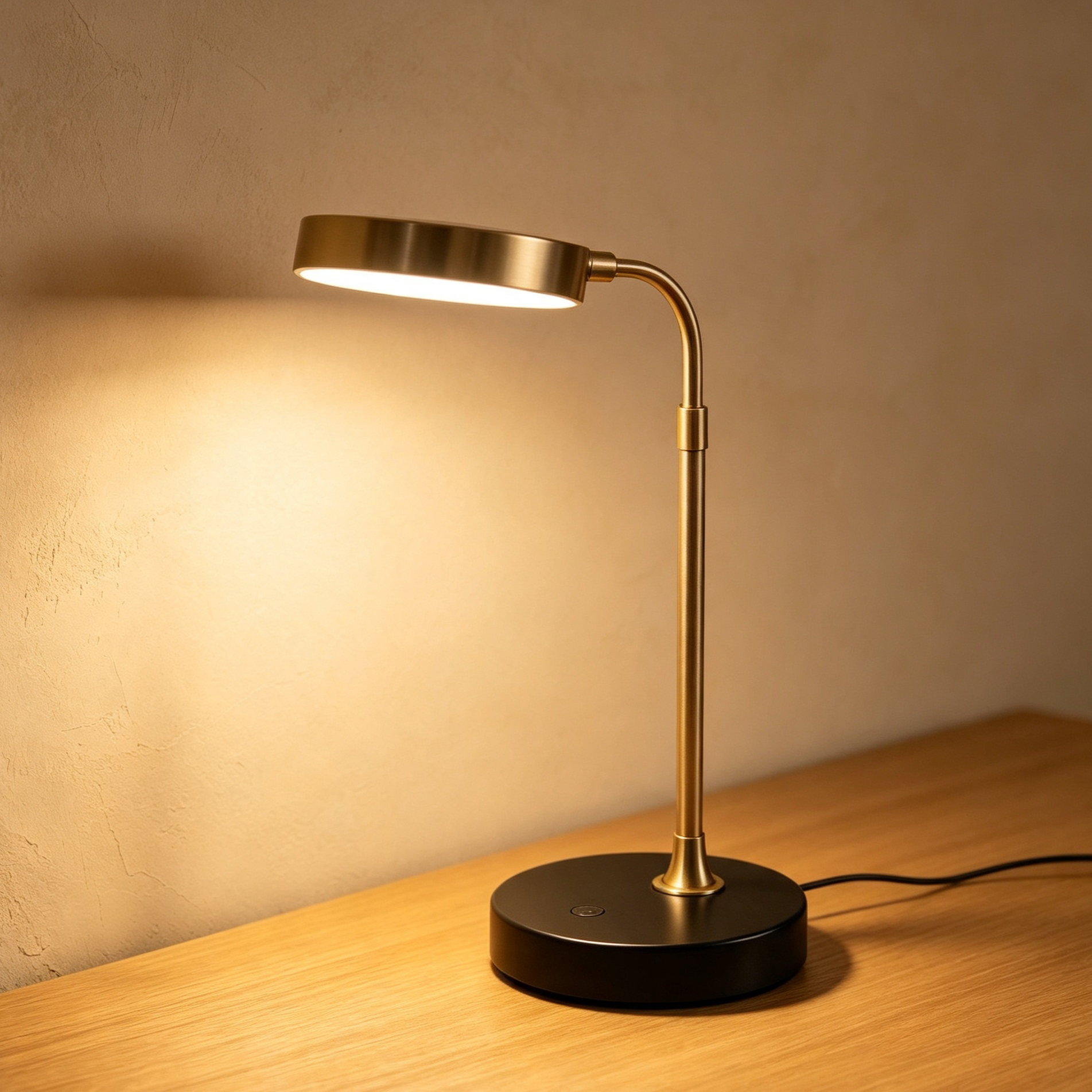 Flexible brass LED lamp showing adjustable arm